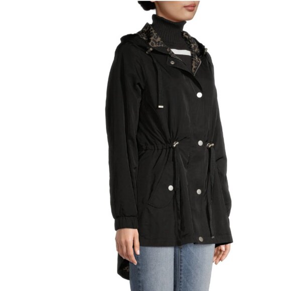 Time and Tru lighweight Anorak hooded Jacket black outside leopard lining - Picture 2 of 16